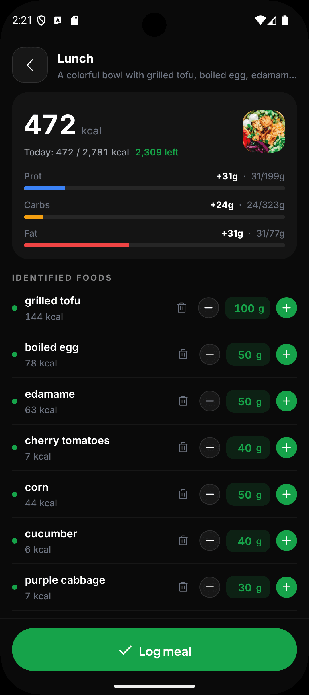Calorie e macro di un pranzo lette da una foto