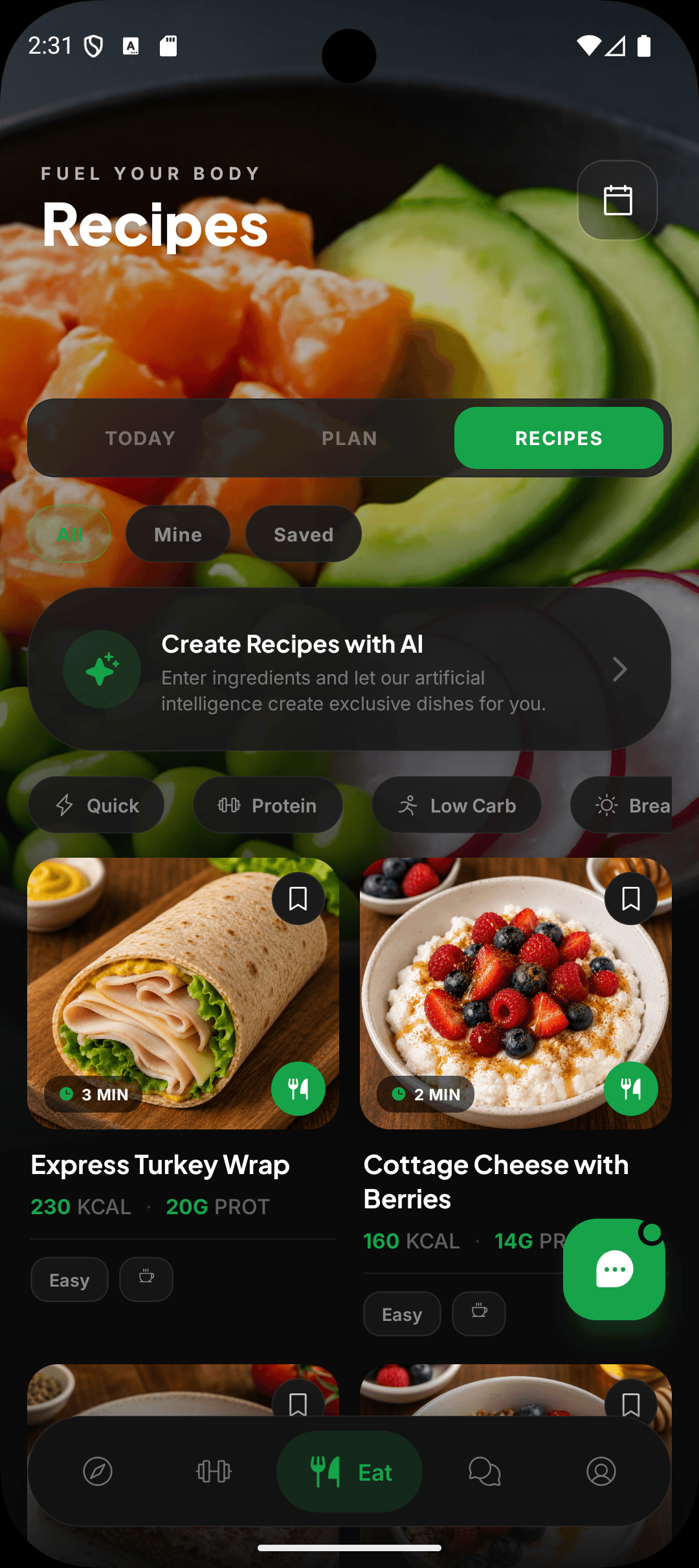 Catalogo di ricette con filtri e il generatore di ricette con AI
