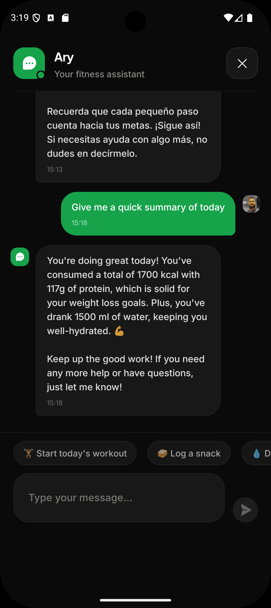 Ary, il coach AI di FIT4EAT, che risponde sull'alimentazione della giornata