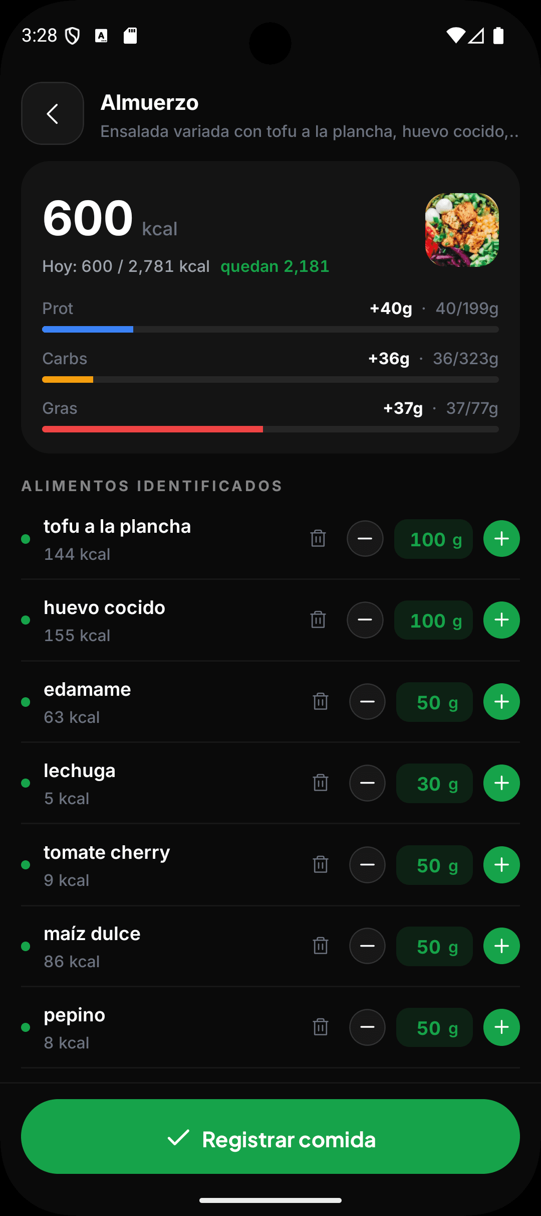 Calorías y macros de una comida leídas a partir de una foto