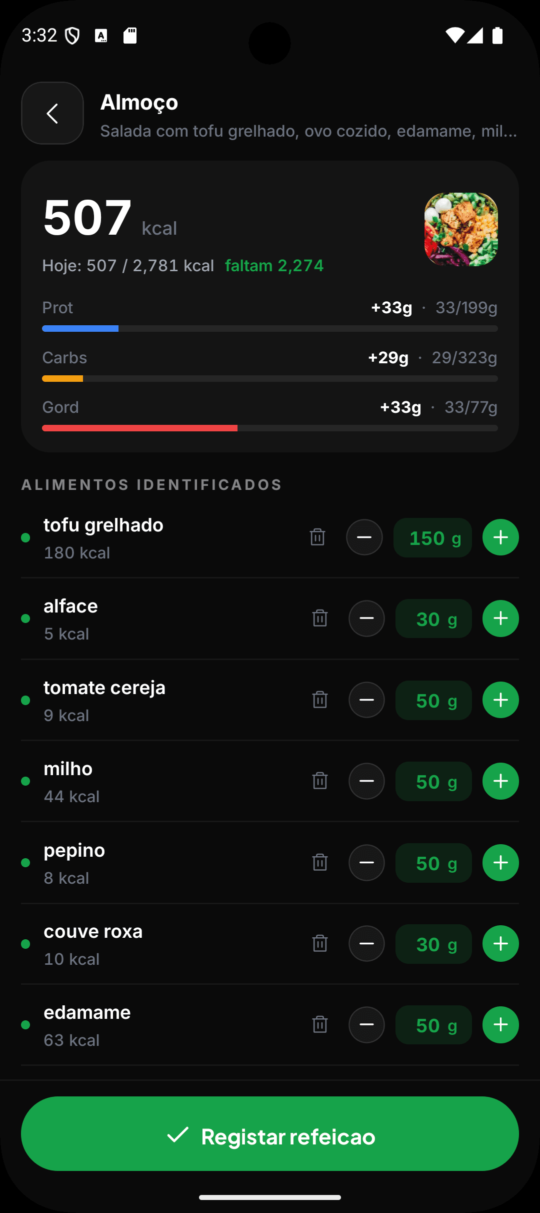 Calorias e macros de um almoço lidas a partir de uma foto