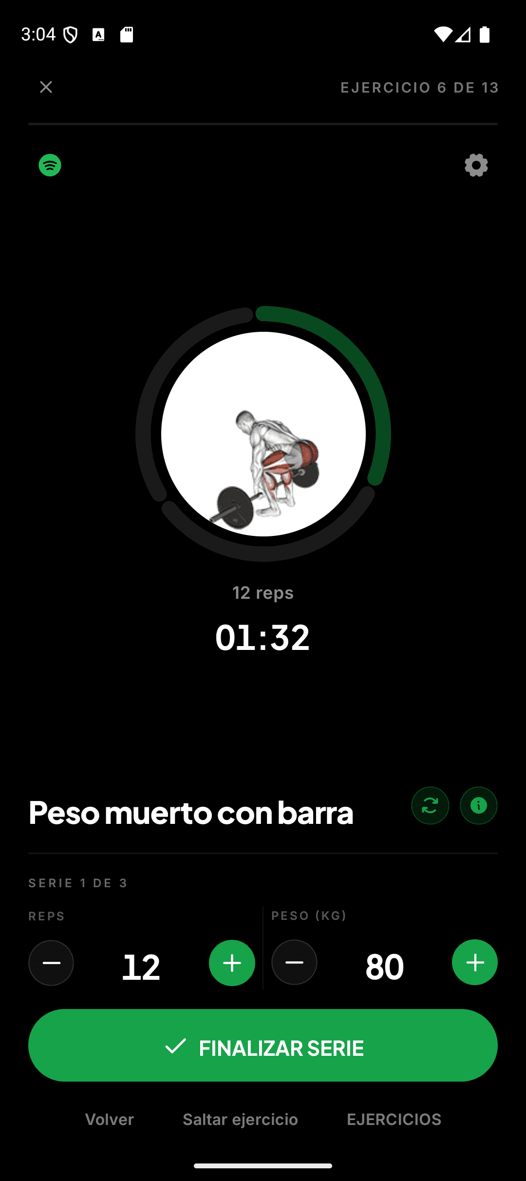 Entrenamiento guiado de peso muerto con barra, con repeticiones y descanso