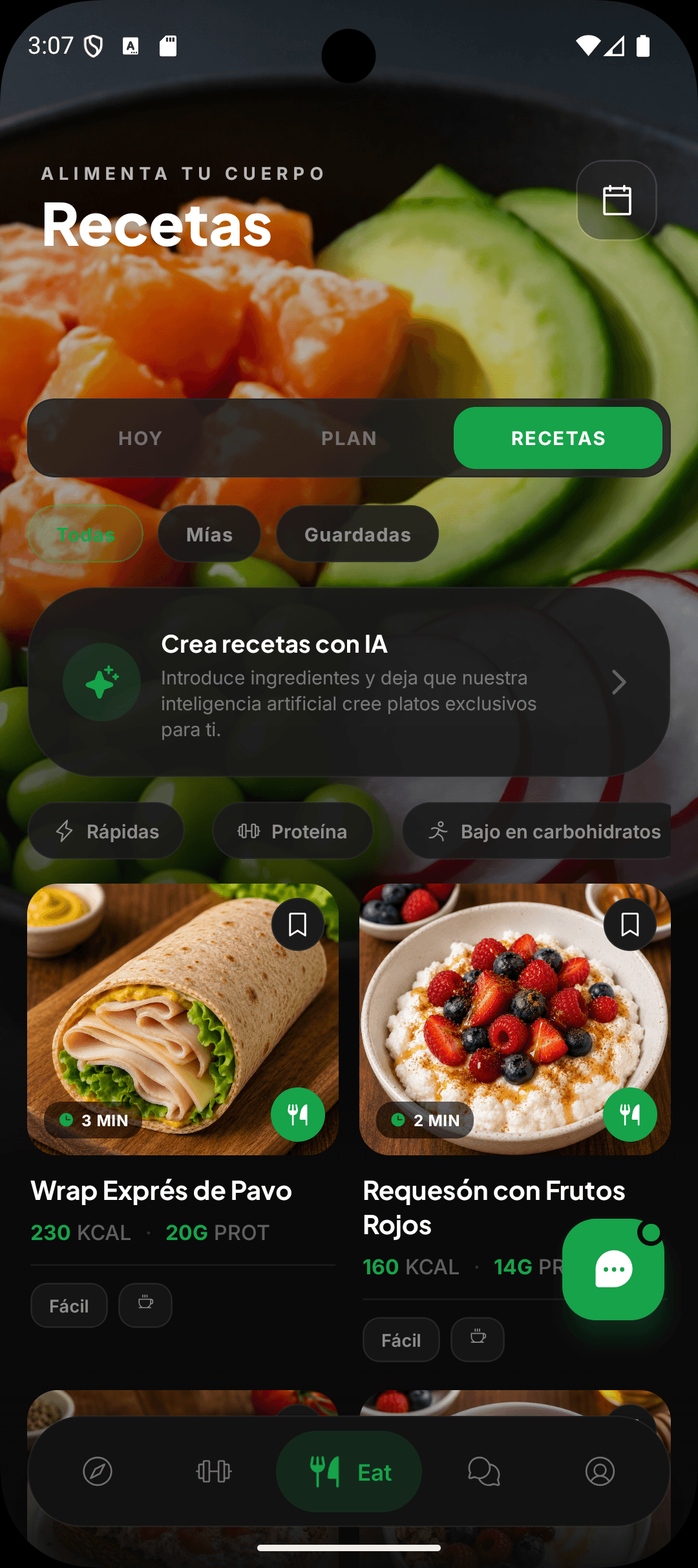 Catálogo de recetas con filtros y el generador de recetas con IA