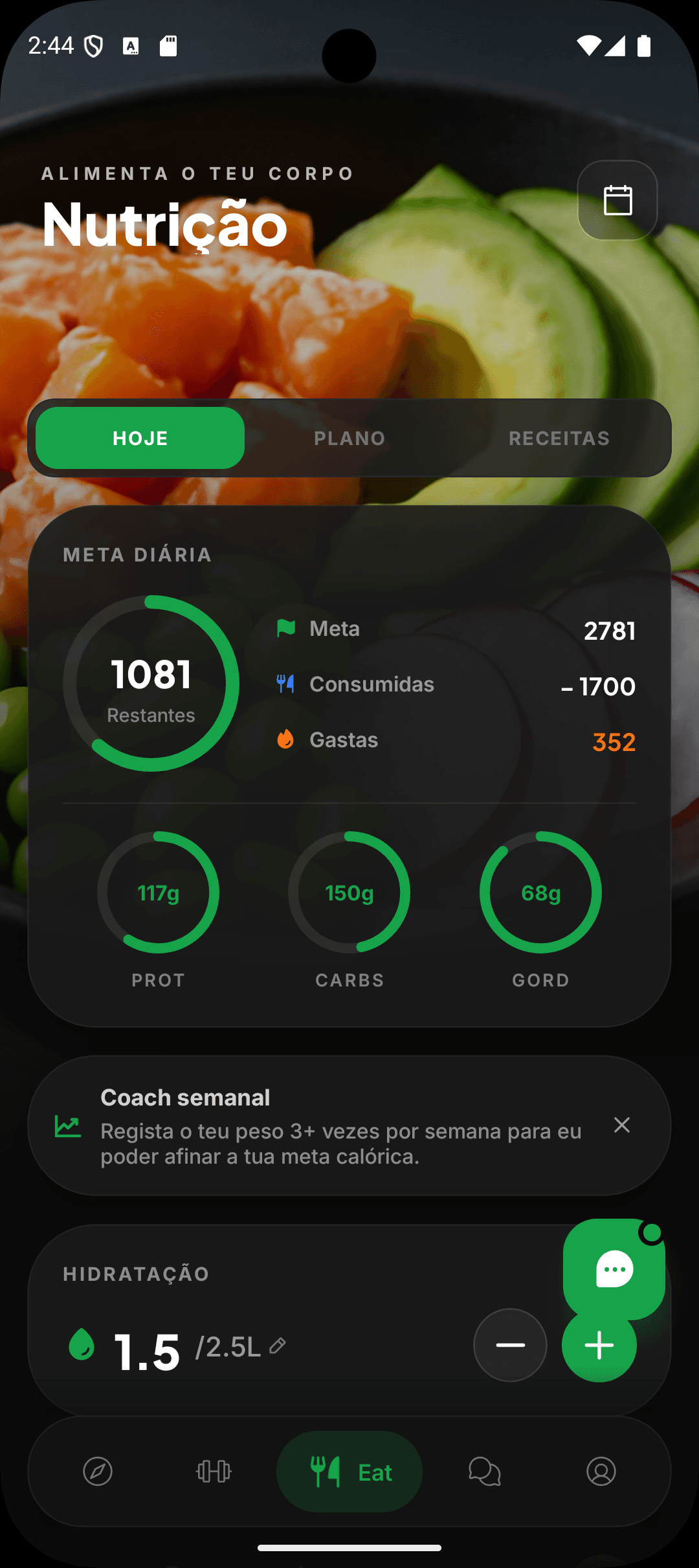 Diário alimentar com a meta do dia, proteína, hidratos e gordura