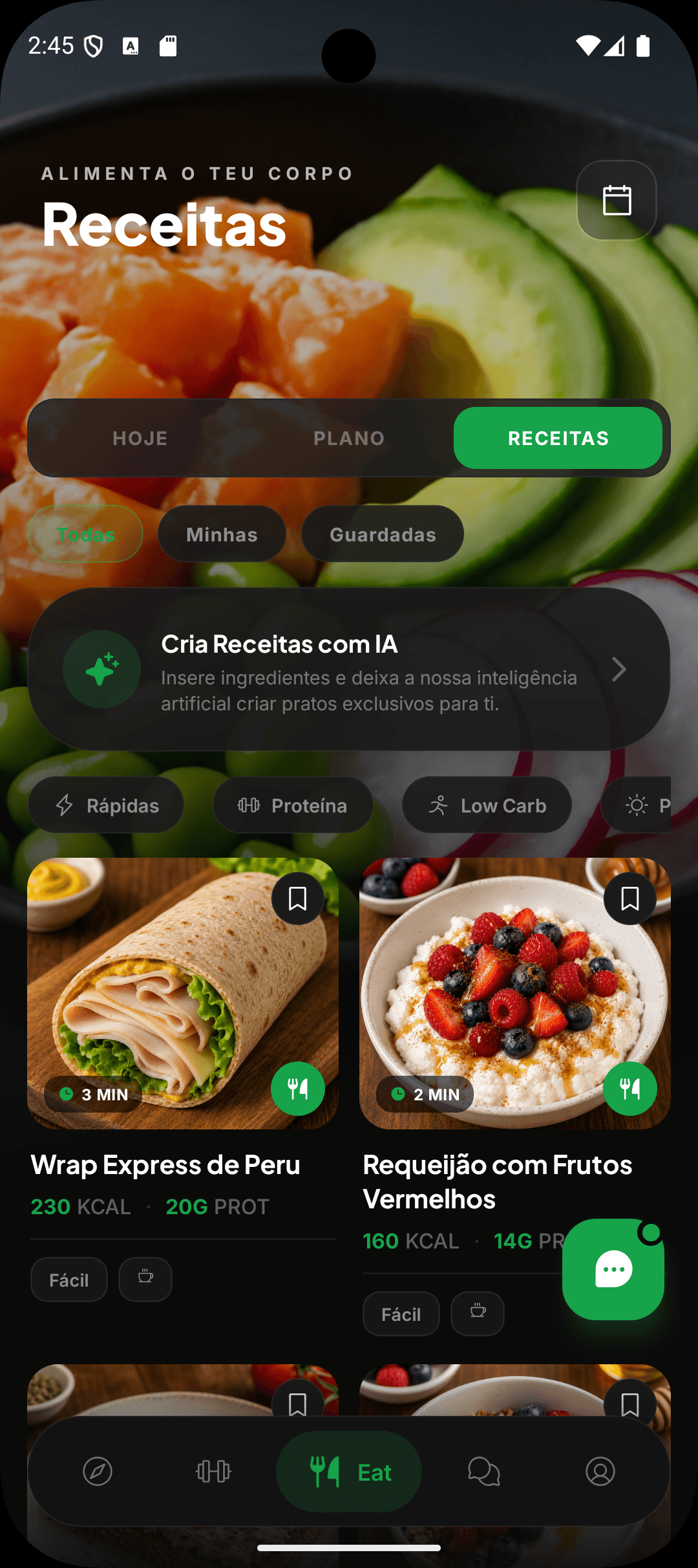 Catálogo de receitas com filtros e o gerador de receitas com IA