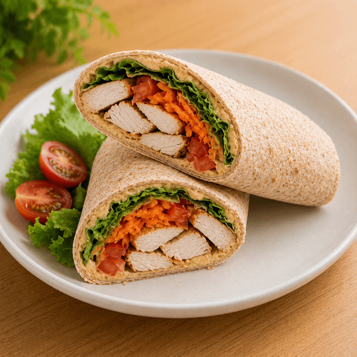 Wrap de frango com hummus e legumes