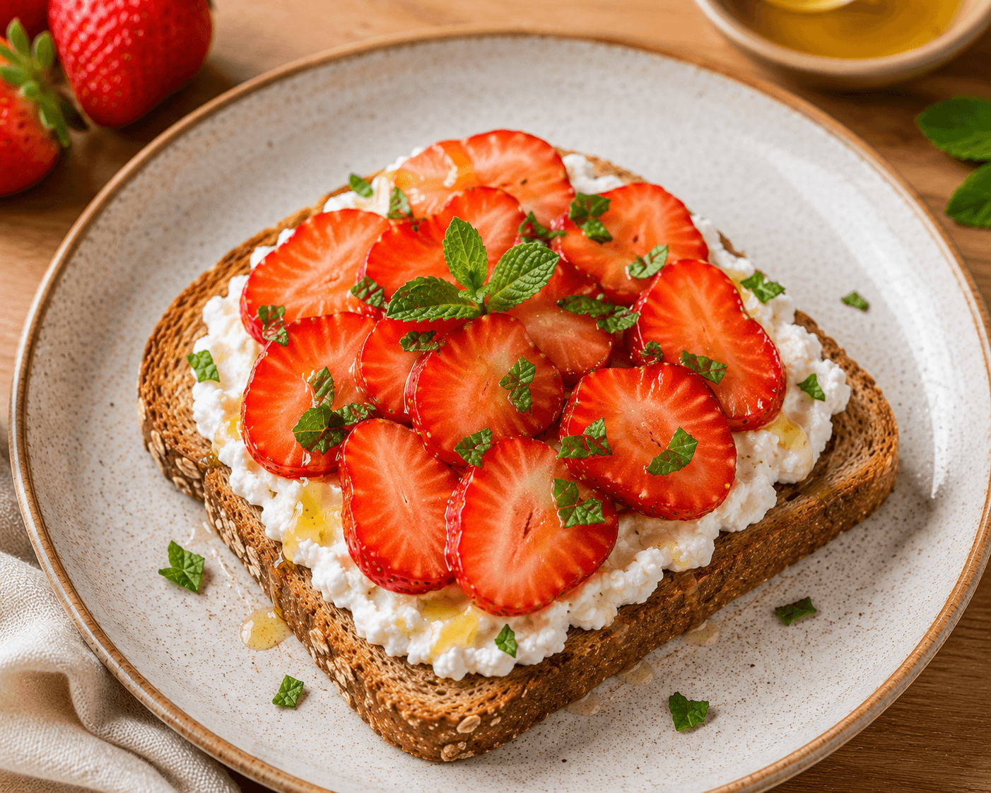 Tosta integral de ricotta e morangos