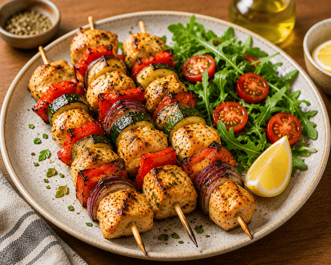 Espetadas de frango com legumes
