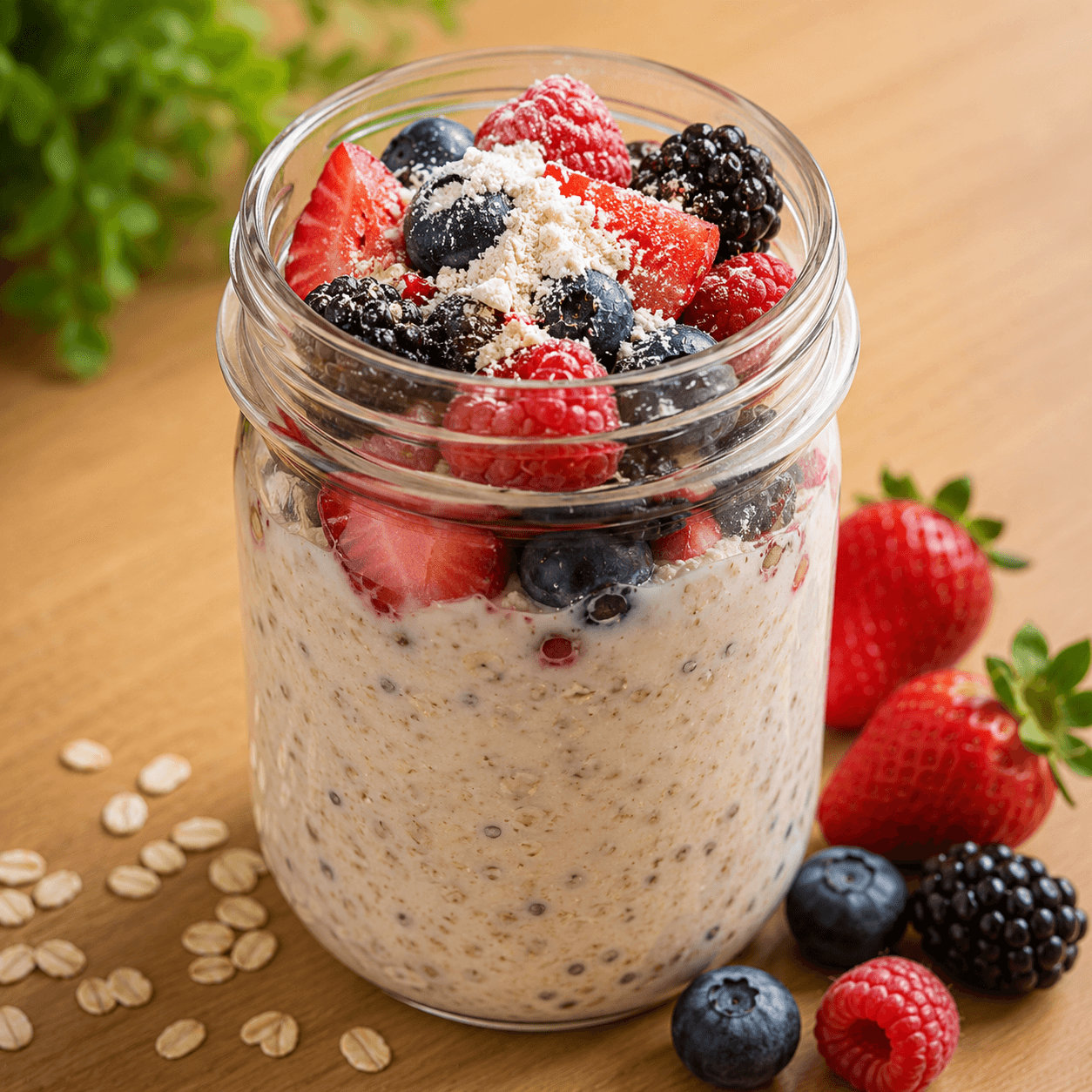 Aveia overnight com whey e frutos vermelhos