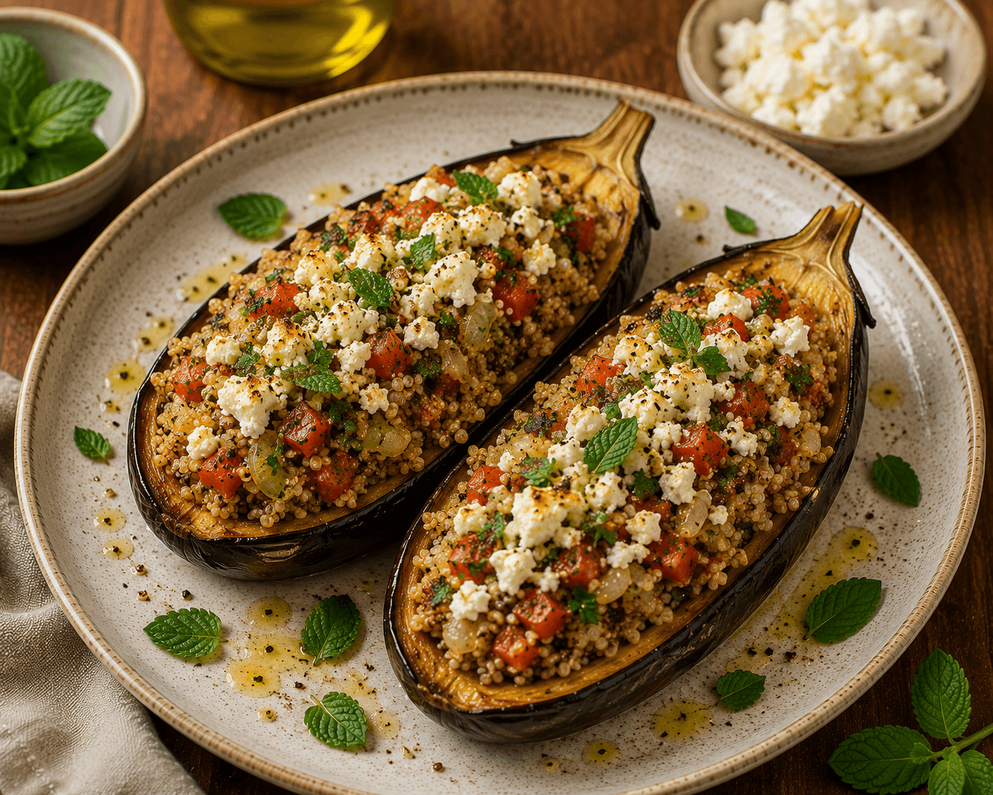 Beringela recheada com quinoa