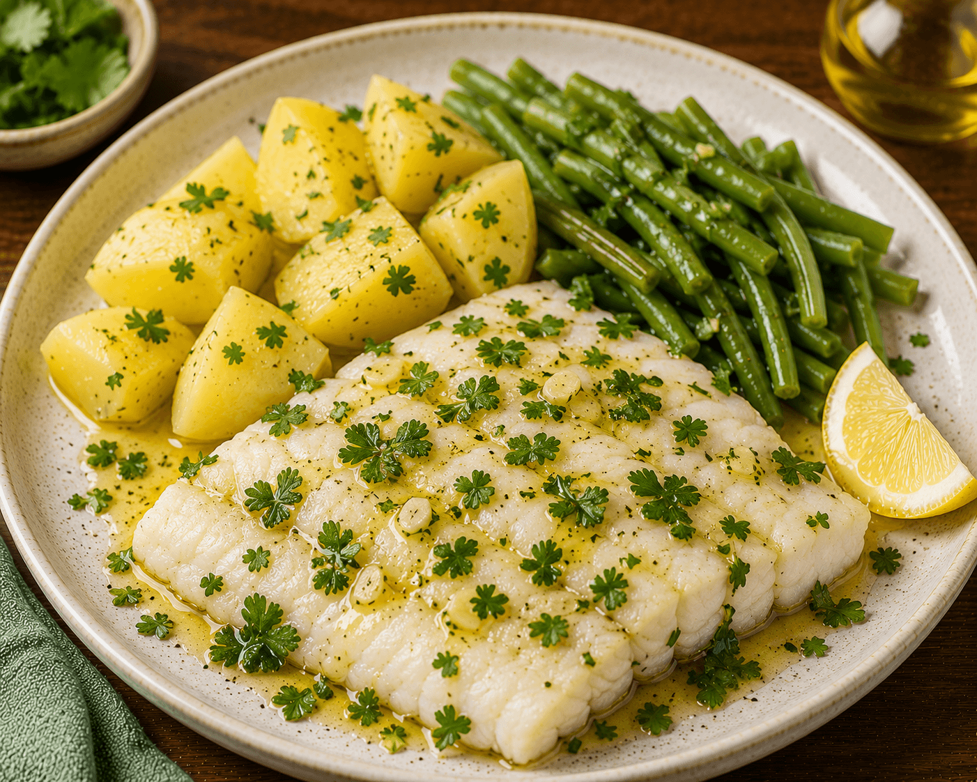 Pescada cozida a vapor com azeite e coentros