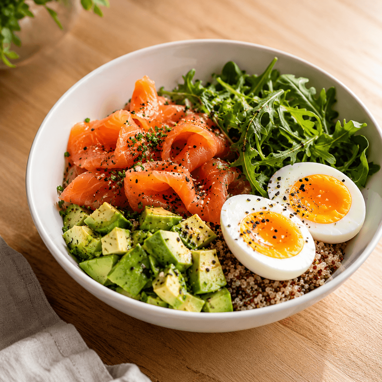 Bowl de salmão fumado com abacate e ovo