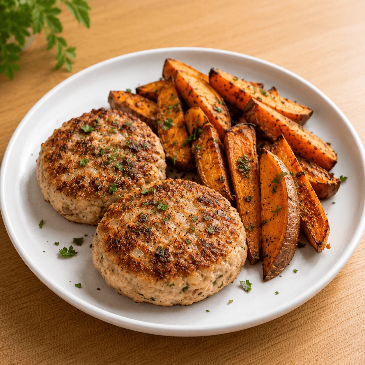Hambúrguer caseiro de frango com batata-doce no forno