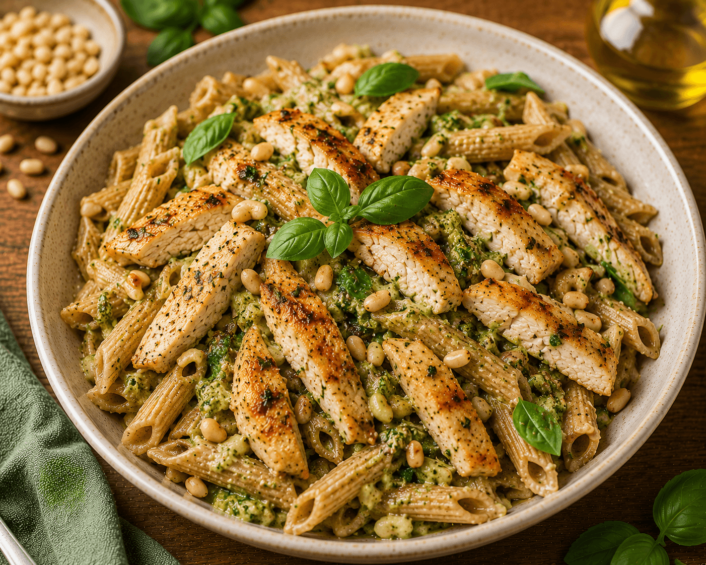 Massa integral com frango e pesto leve
