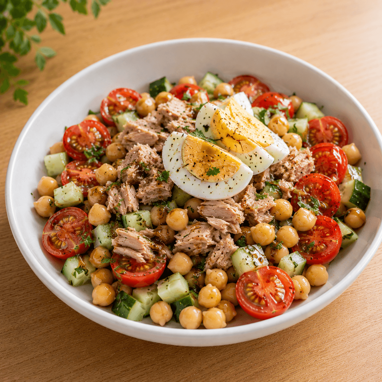 Salada de grão-de-bico com atum e ovo