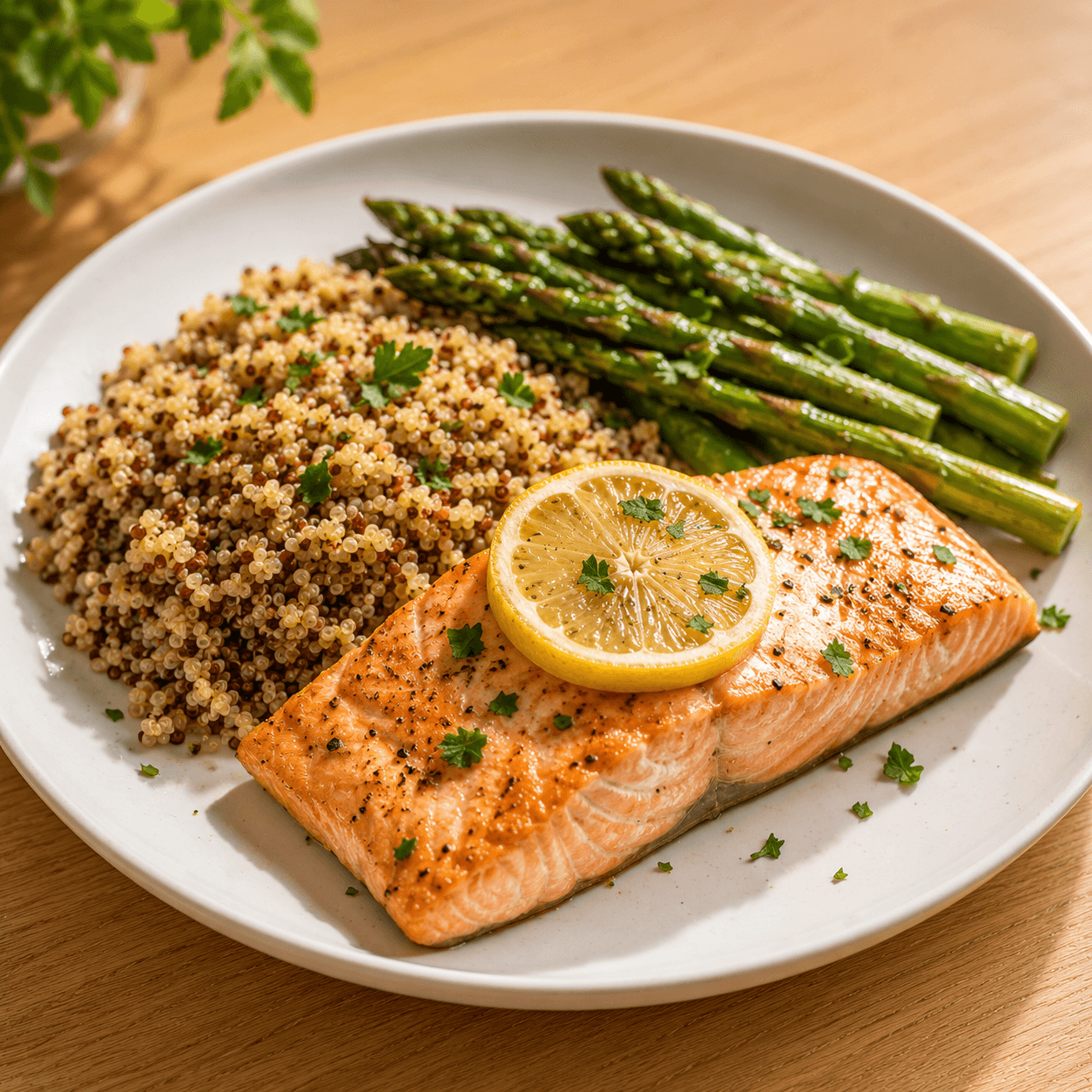 Salmão no forno com quinoa e espargos