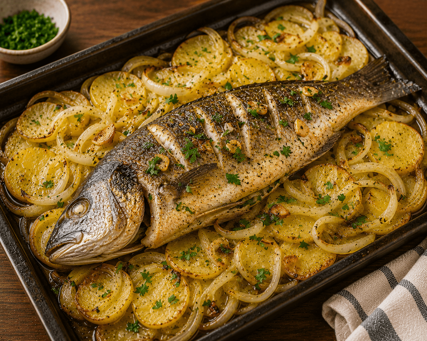 Robalo ao forno com batata e cebola