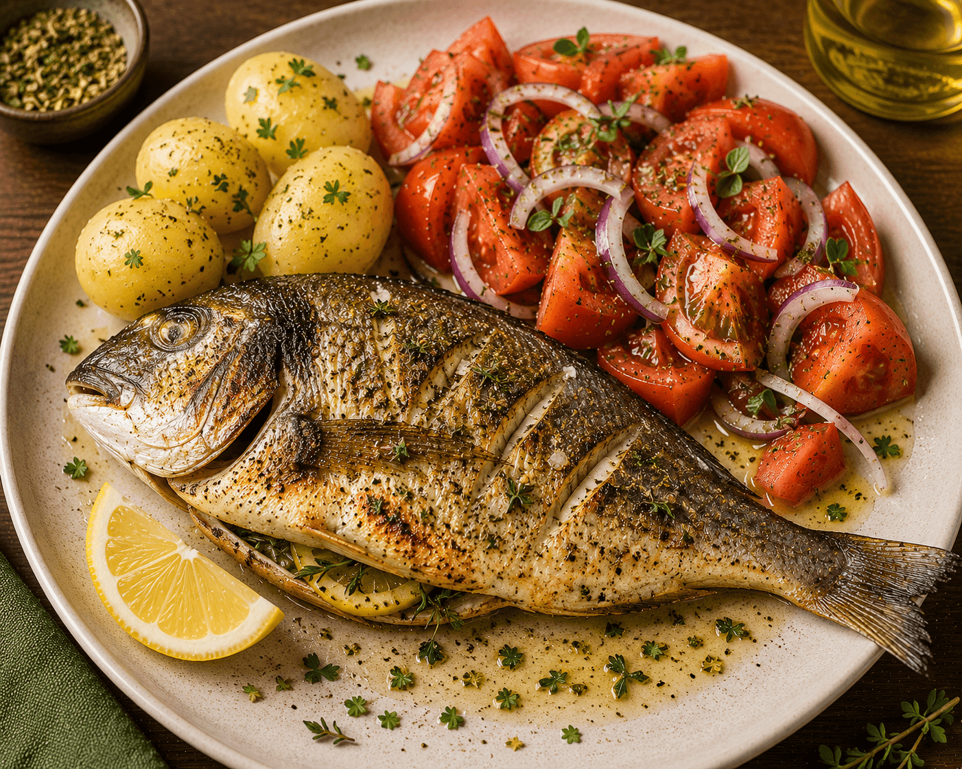 Dourada grelhada com salada de tomate