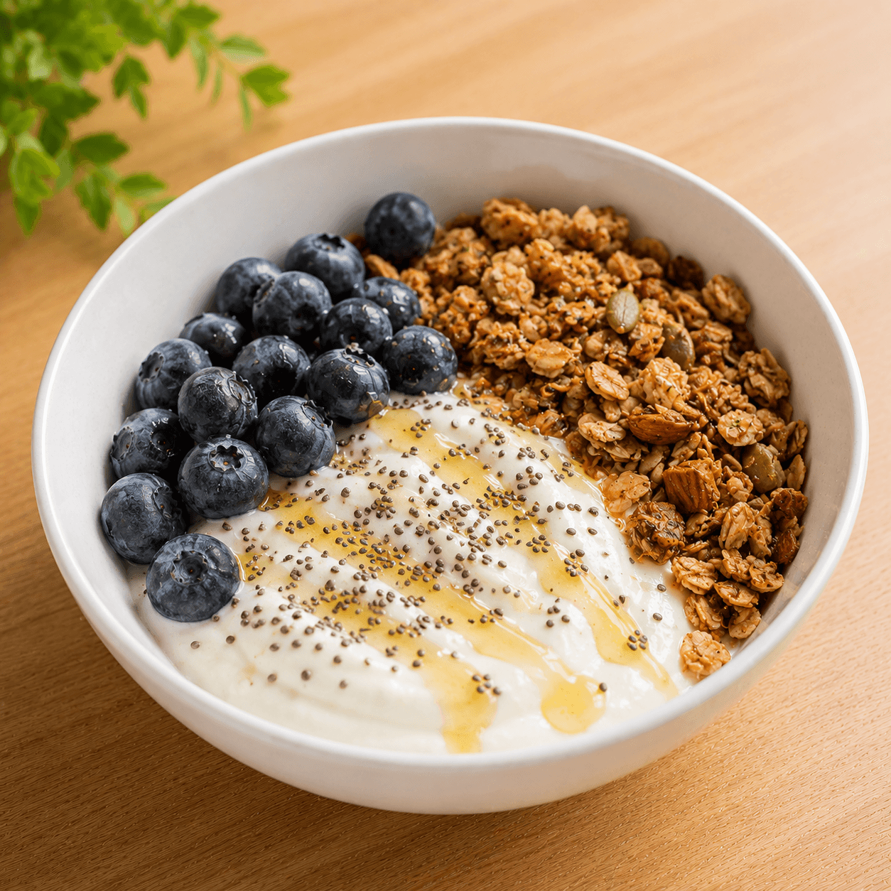 Bowl de iogurte grego com granola e mirtilos