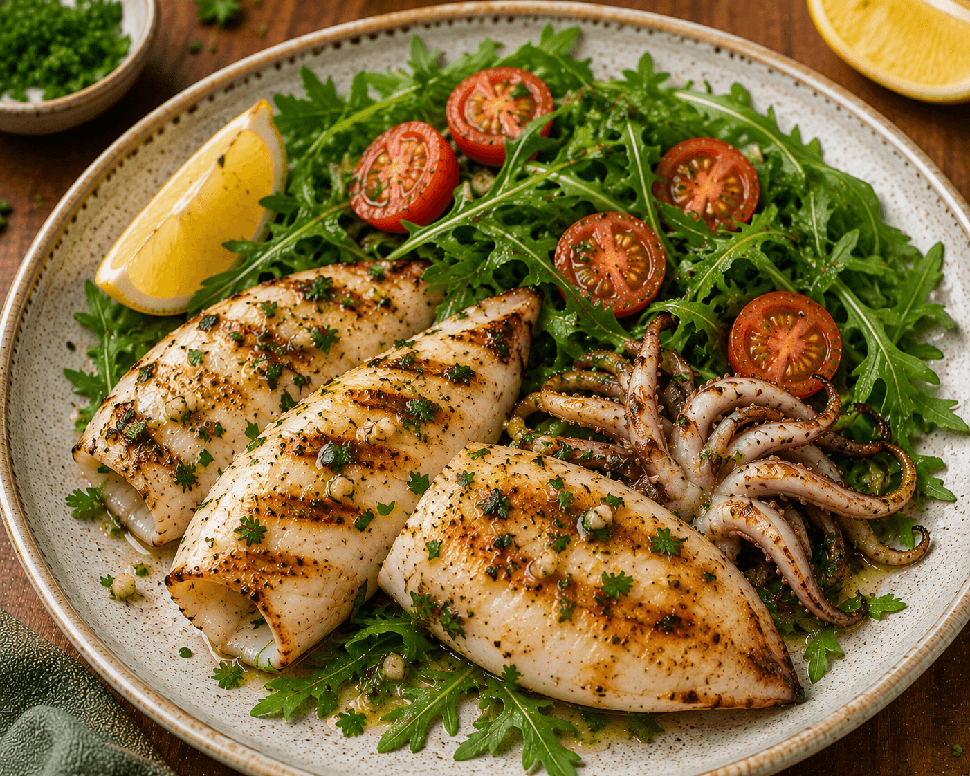 Lulas grelhadas com salada de rúcula