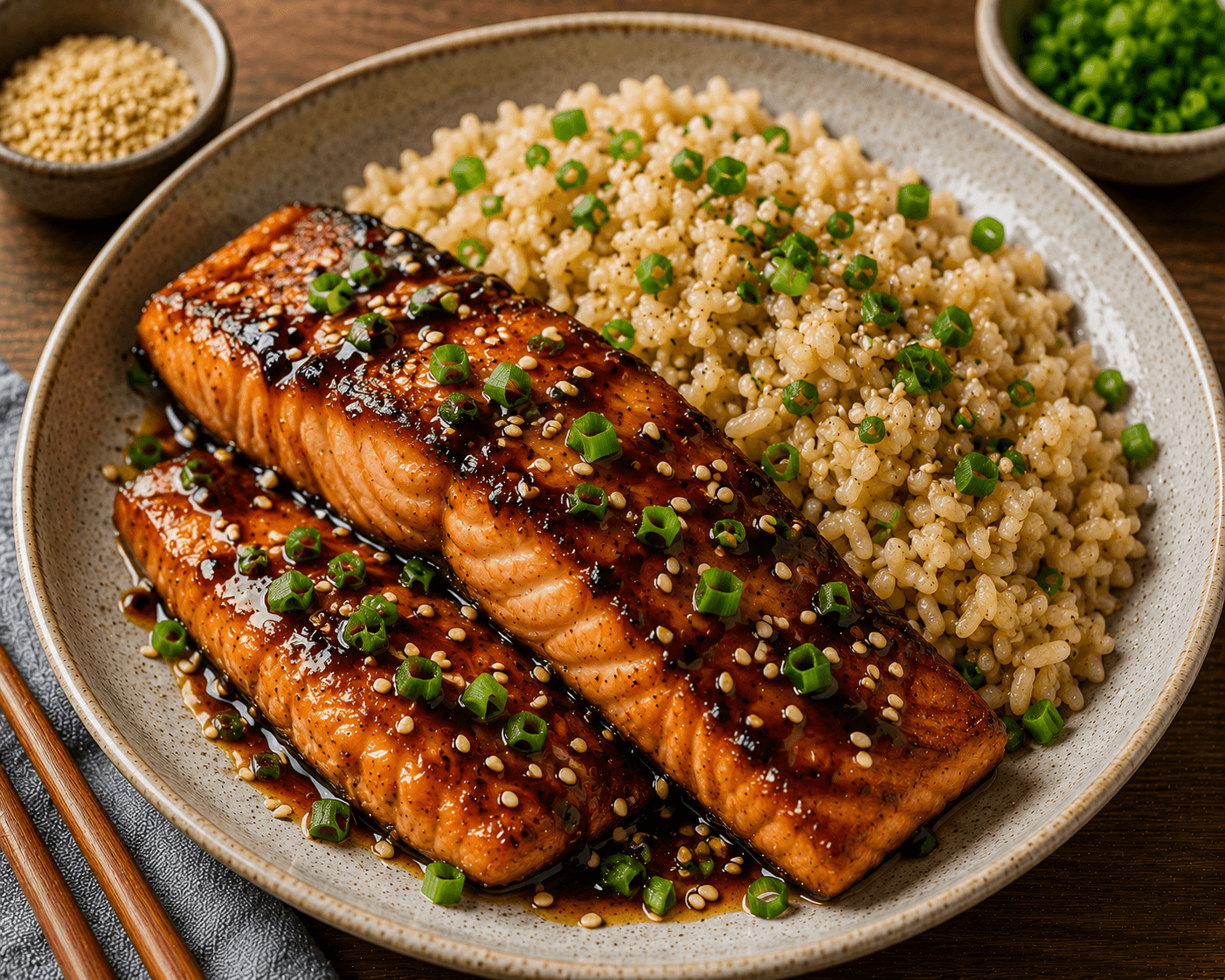 Salmão teriyaki light com arroz integral