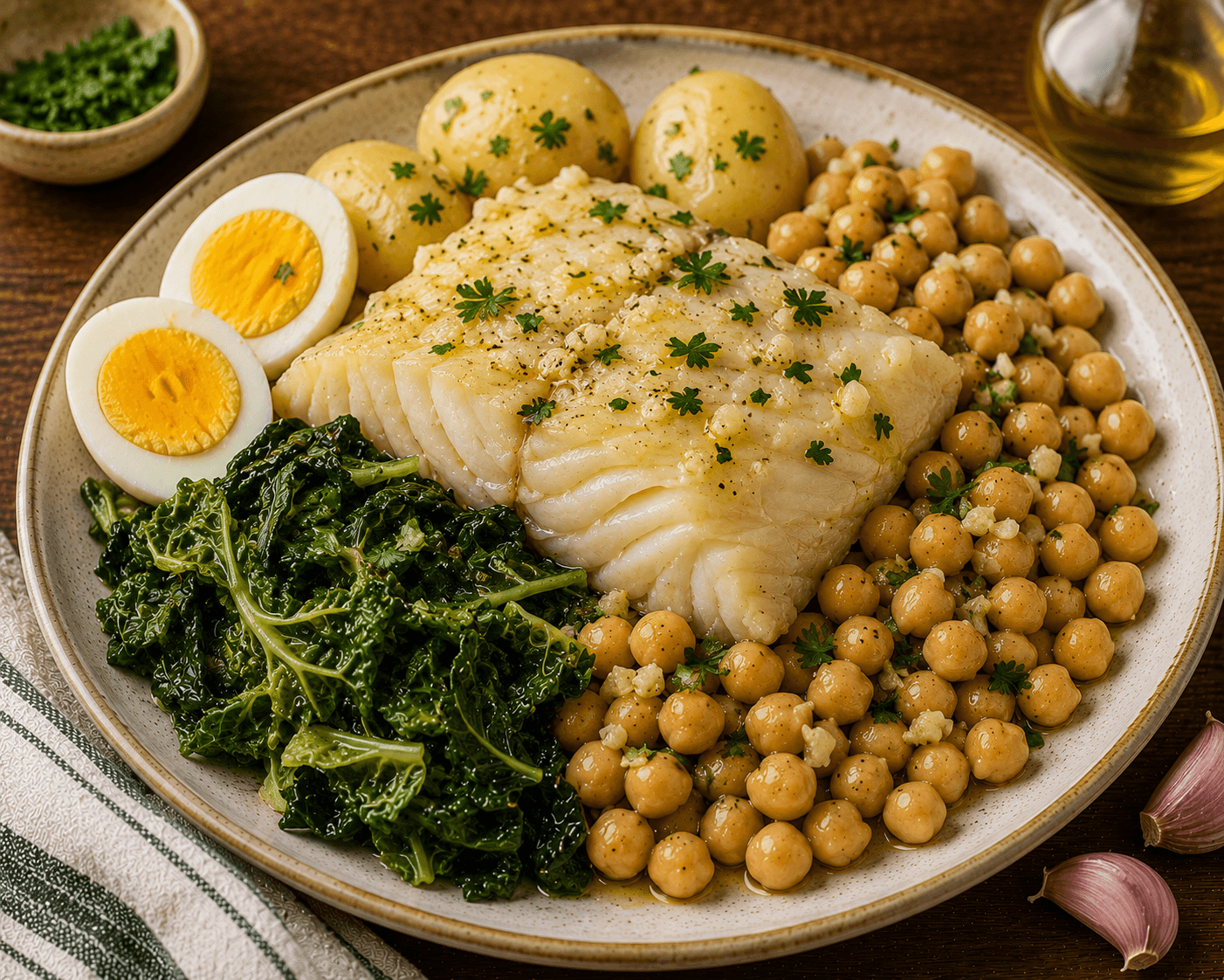Bacalhau cozido com grão e couve