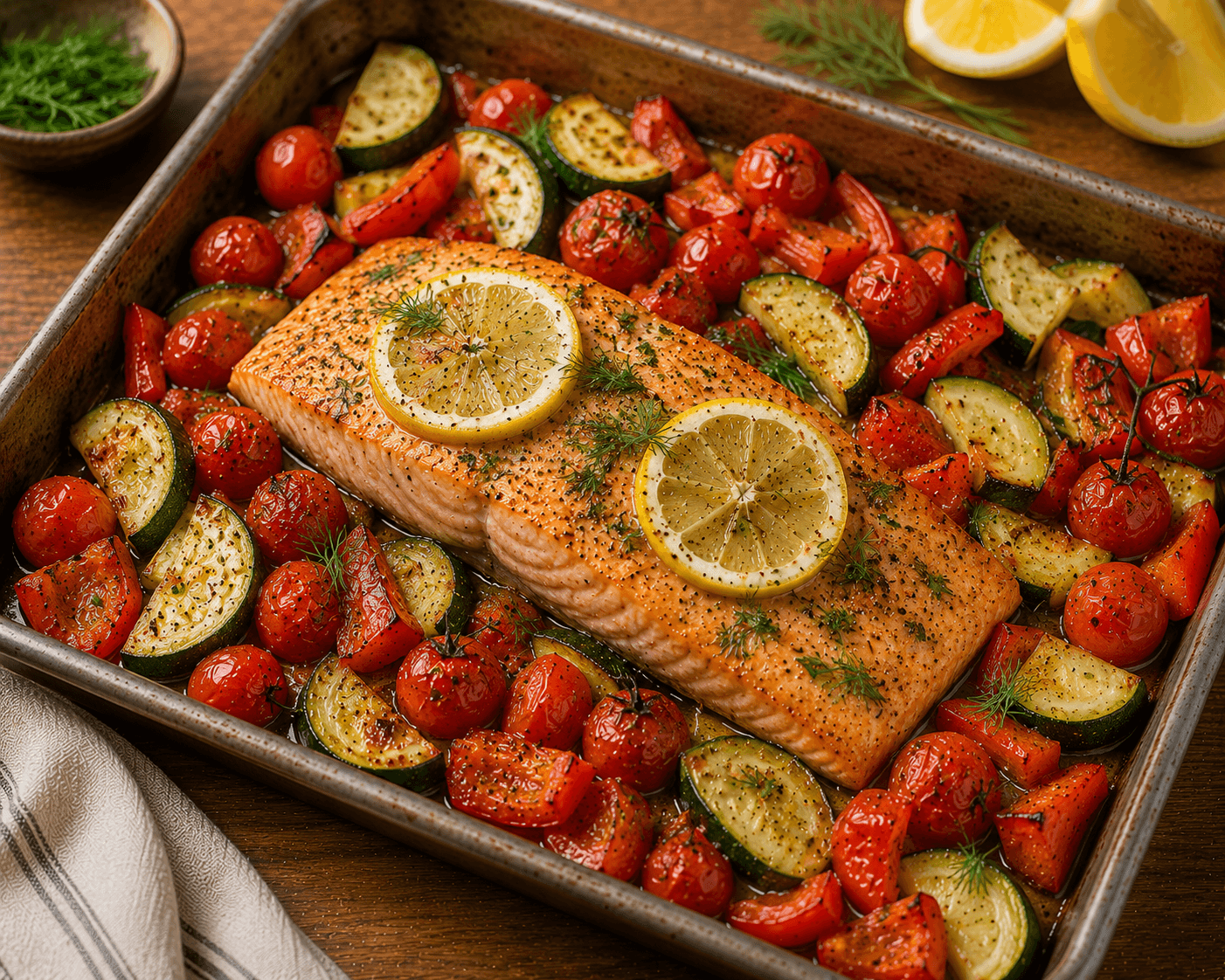 Salmão assado com legumes