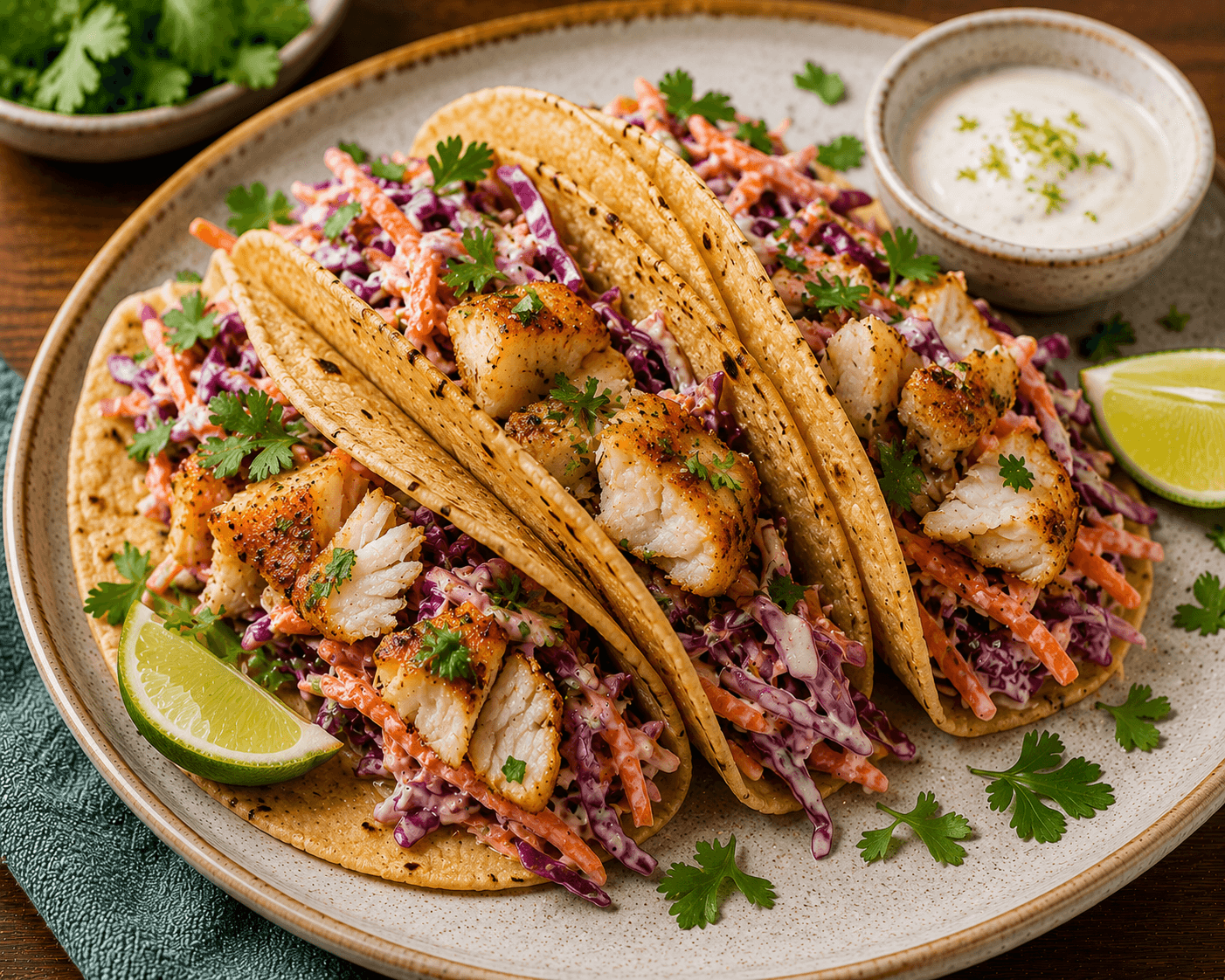 Tacos de peixe com coleslaw light