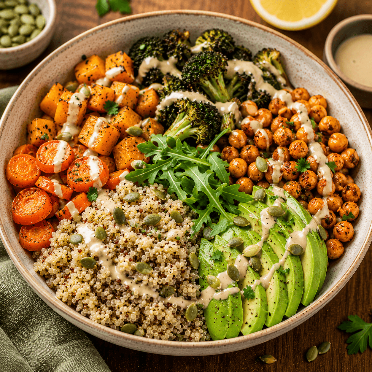 Buddha bowl de quinoa e legumes assados