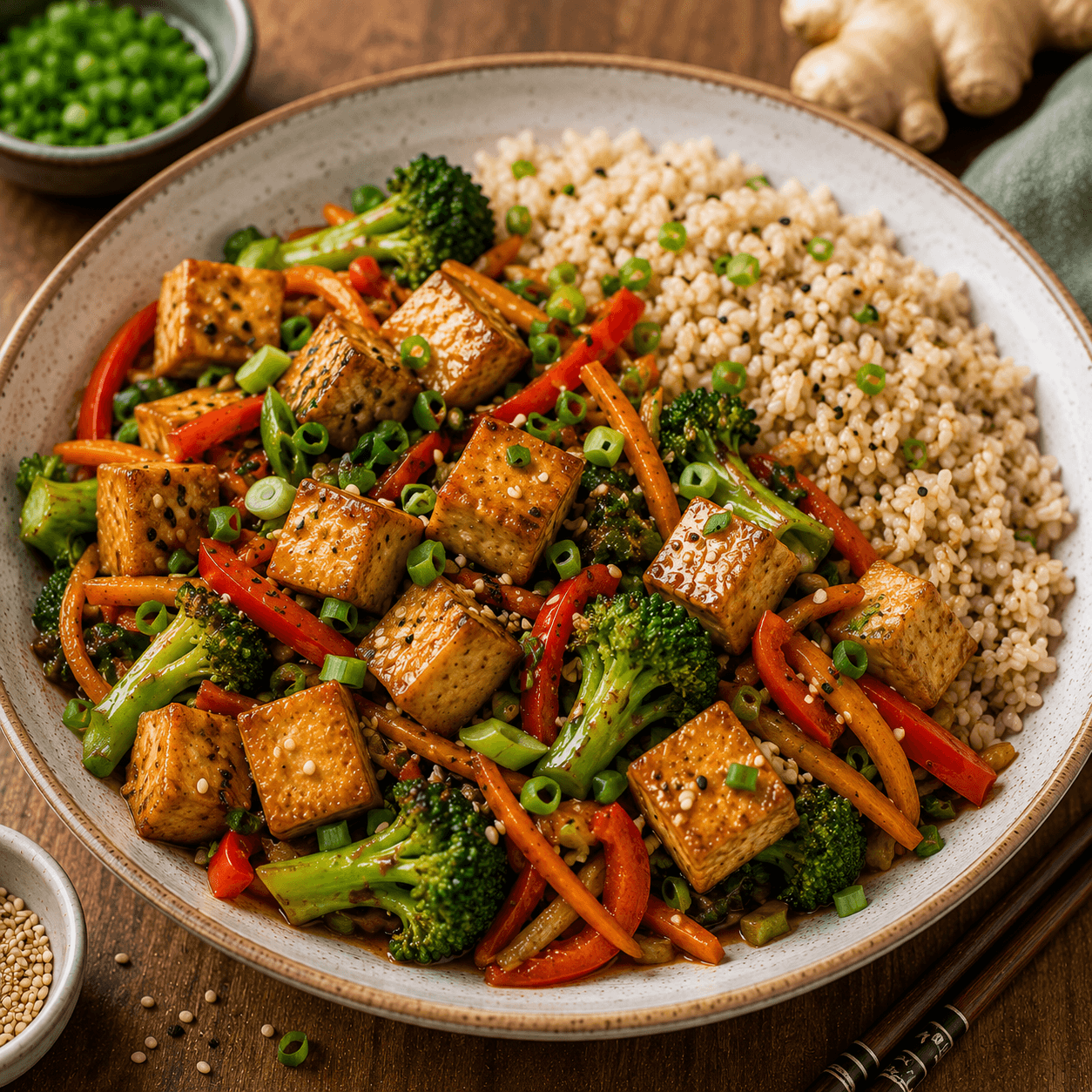 Tofu salteado com legumes e gengibre