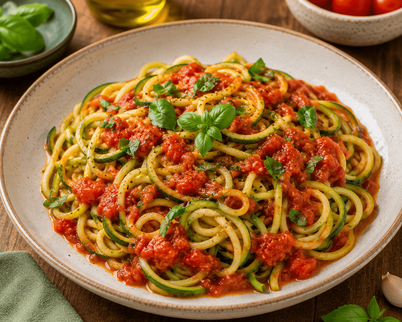 Esparguete de courgette com molho de tomate
