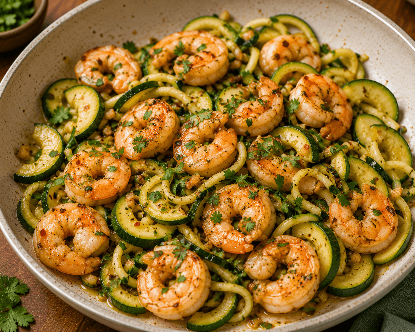 Camarão salteado com alho e courgette